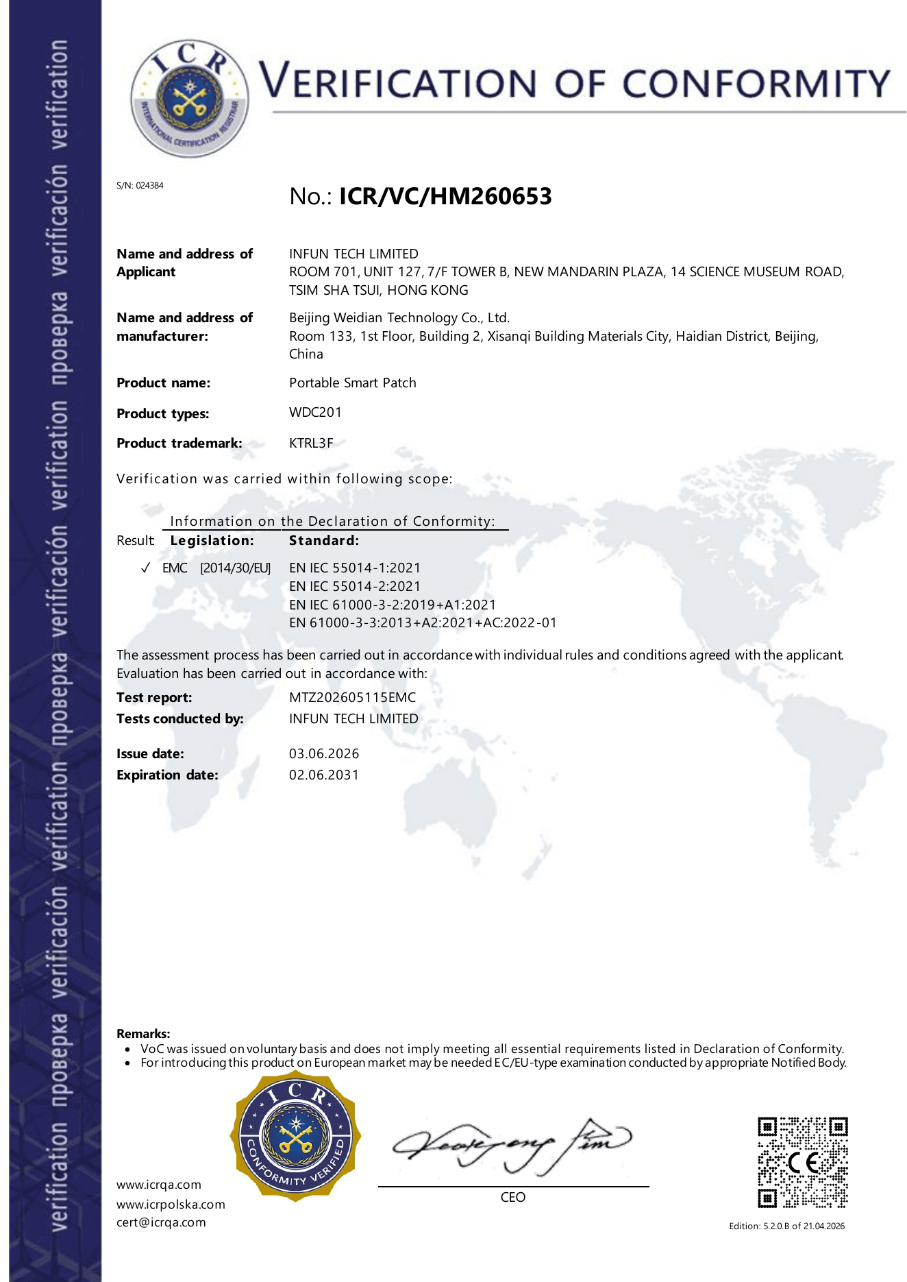 Verification of Conformity for KTRL3F Portable Smart Patch model WDC201